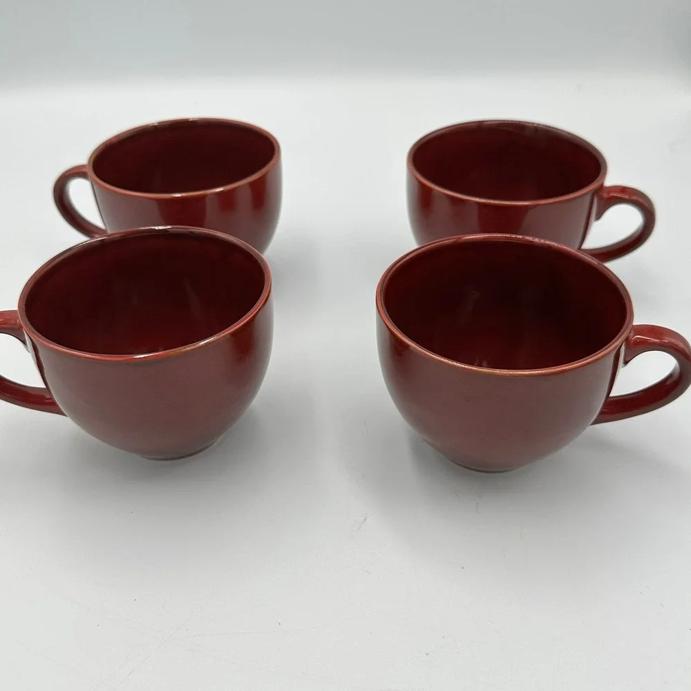 Pier 1 Coffee Mugs Set of 4 Brown‎ 12oz Glossy Stoneware Round Tea Cups Tote N